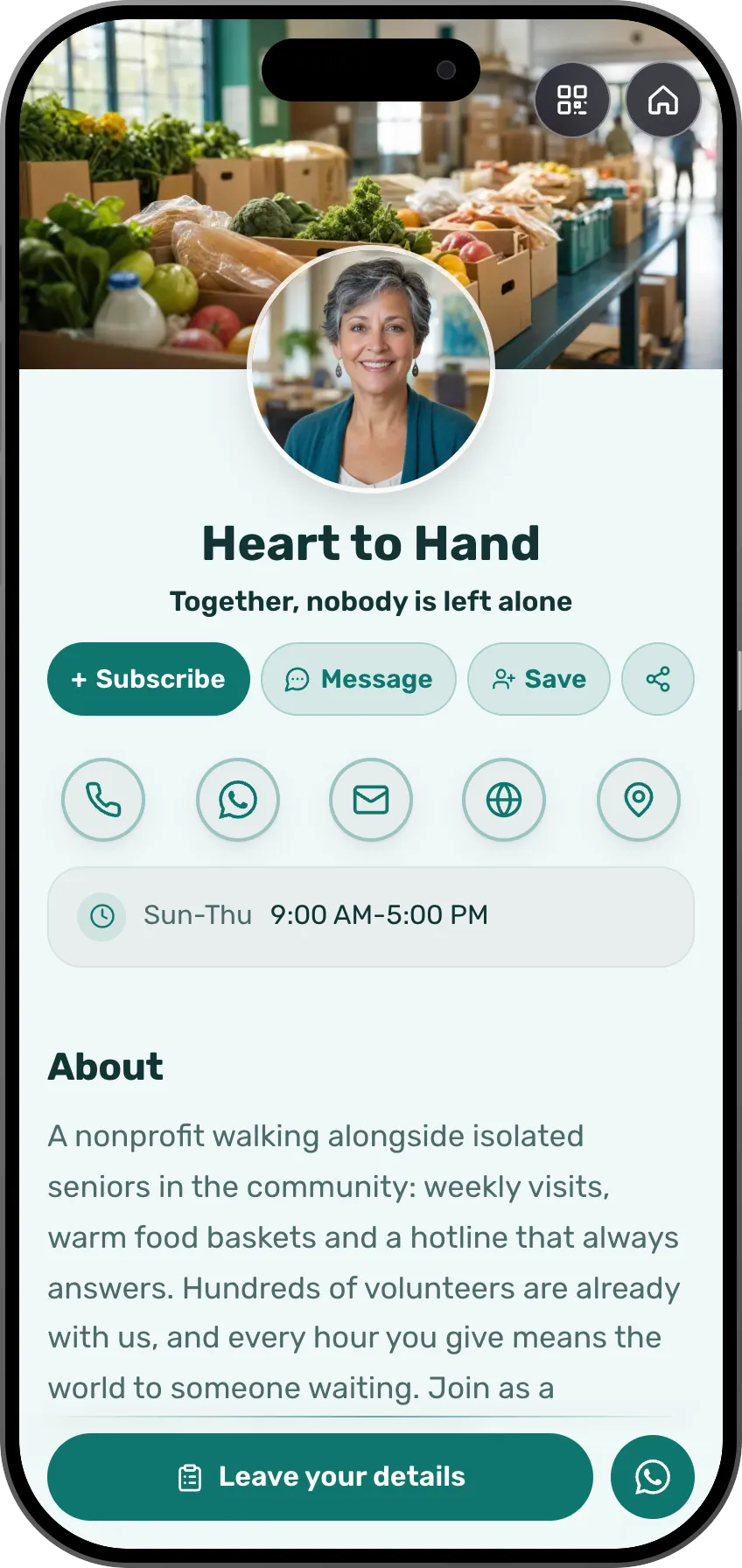 Digital business card template: Nonprofit. For nonprofits: the story, upcoming events and a volunteer signup form.