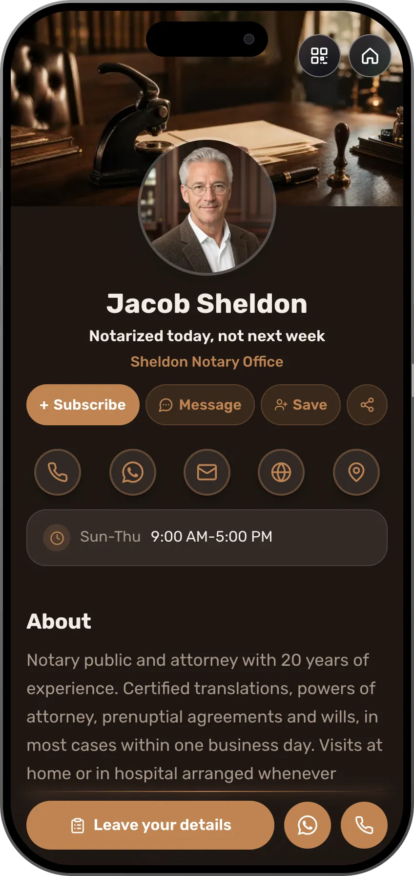 Digital business card template: Notary. For notaries: notary services with prices, testimonials and leads straight from the card.