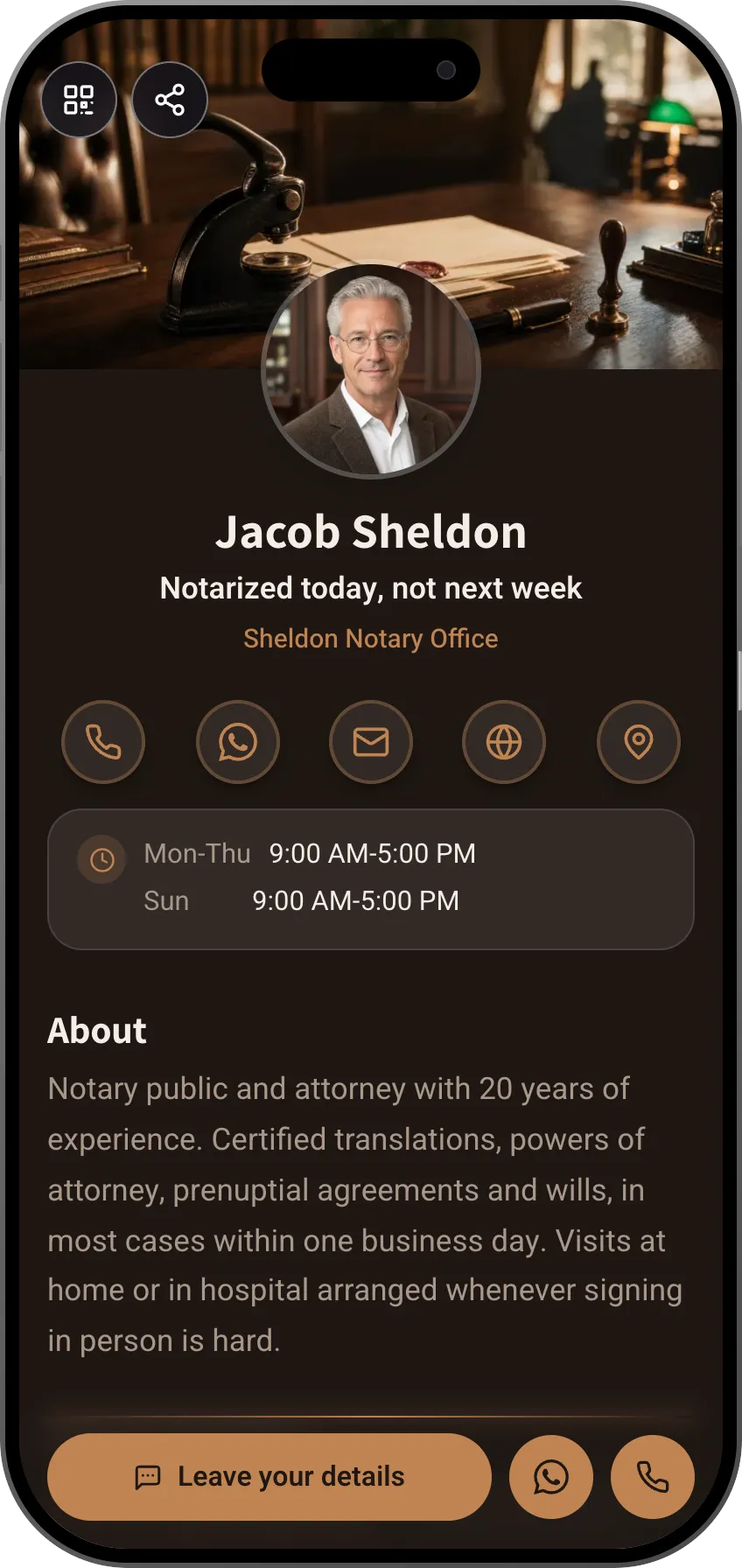 Digital business card template: Notary. For notaries: notary services with prices, testimonials and leads straight from the card.