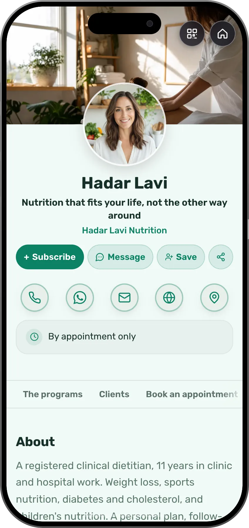 Nutritionist digital business card template: programs, a price list, testimonials and a first-session booking. A MyVisito template