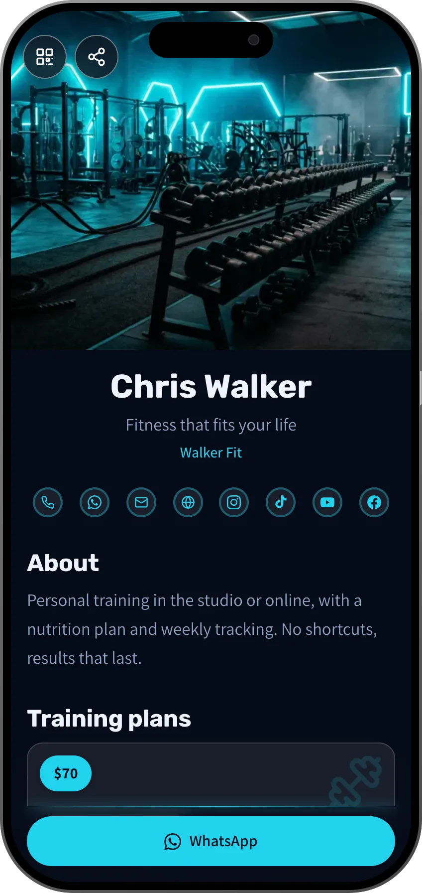 Personal trainer digital business card template: training plans, testimonials and booking. A MyVisito template