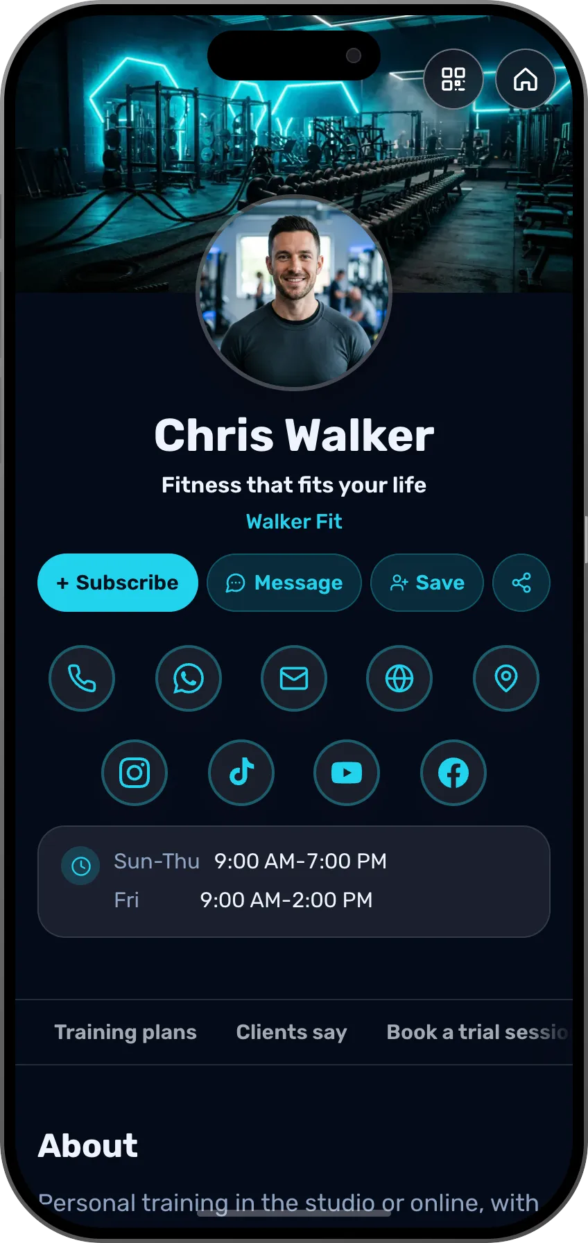 Personal trainer digital business card template: training plans, testimonials and booking. A MyVisito template