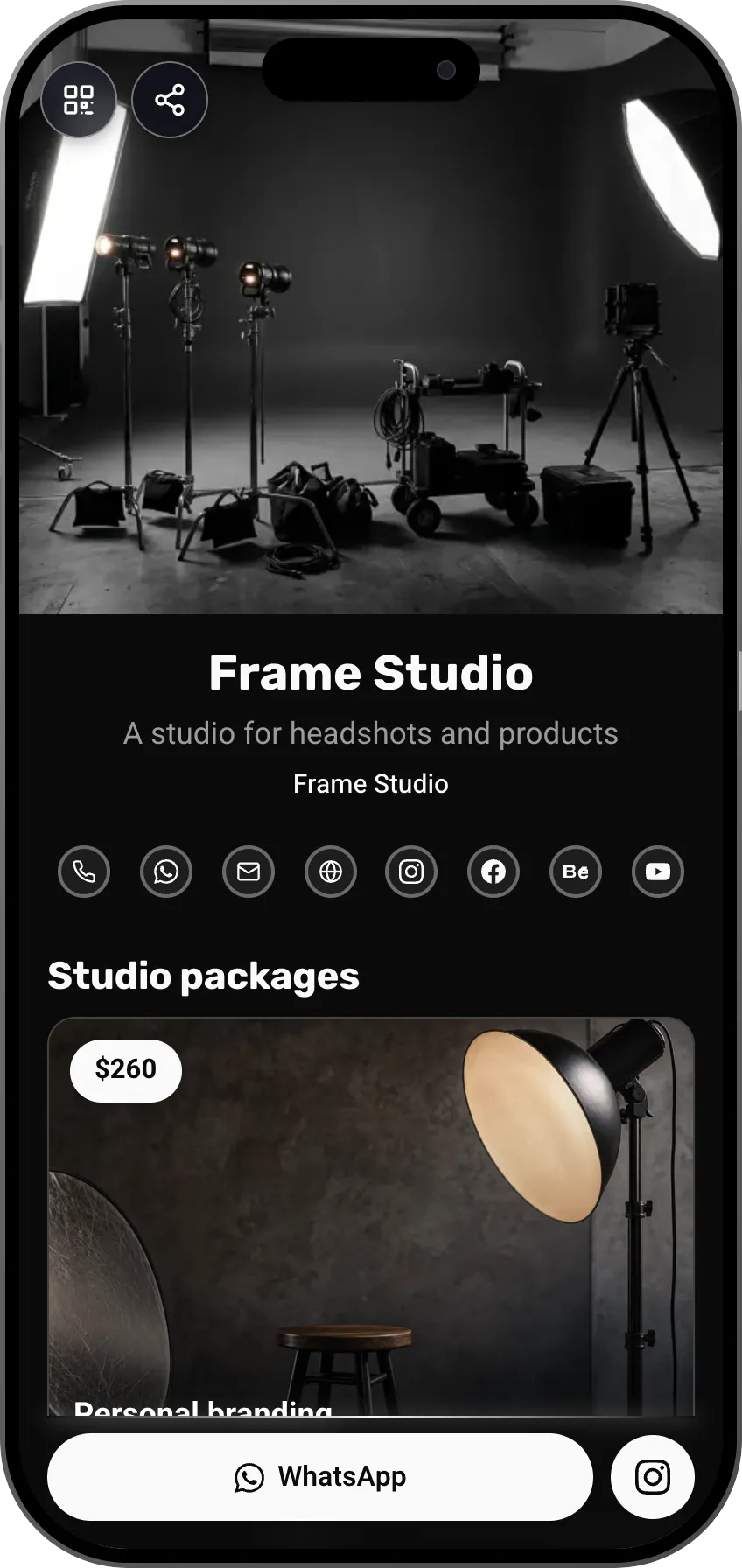 Photo studio digital business card template: shoot packages and a gallery. A MyVisito template