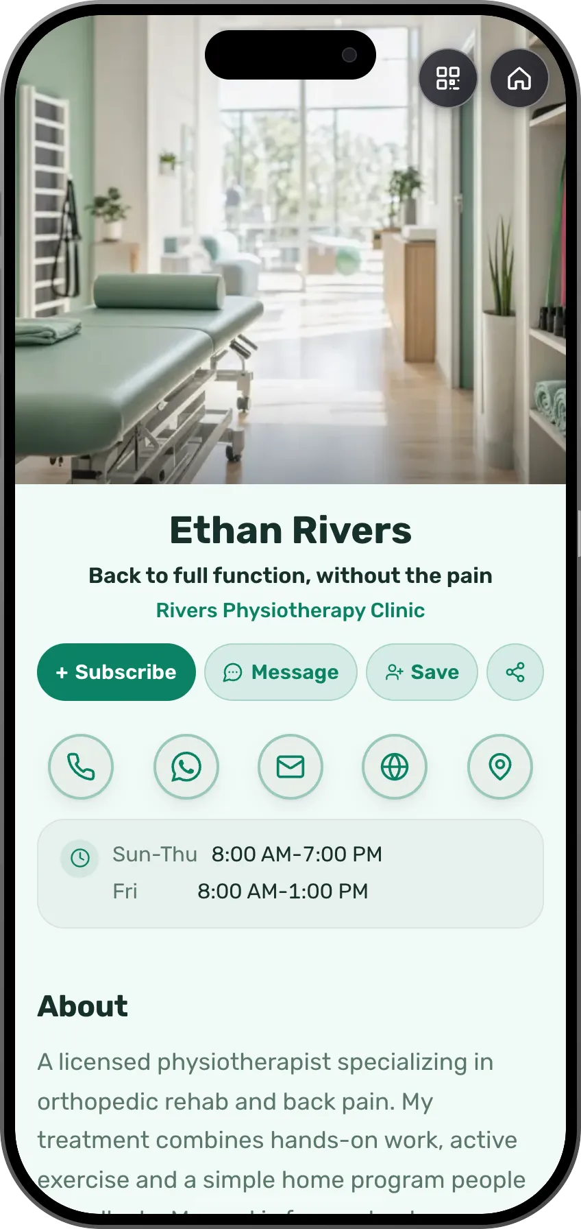 Digital business card template: Physiotherapist. For physiotherapists: treatments, a price list and online booking with clear clinic hours.