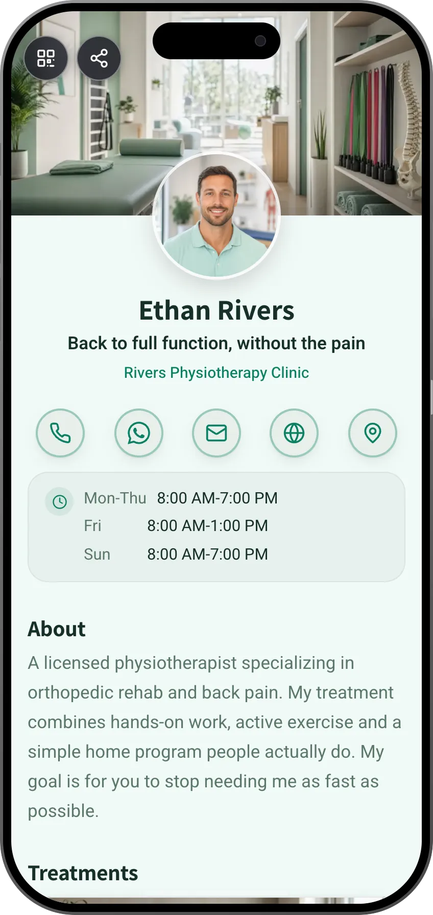 Digital business card template: Physiotherapist. For physiotherapists: treatments, a price list and online booking with clear clinic hours.
