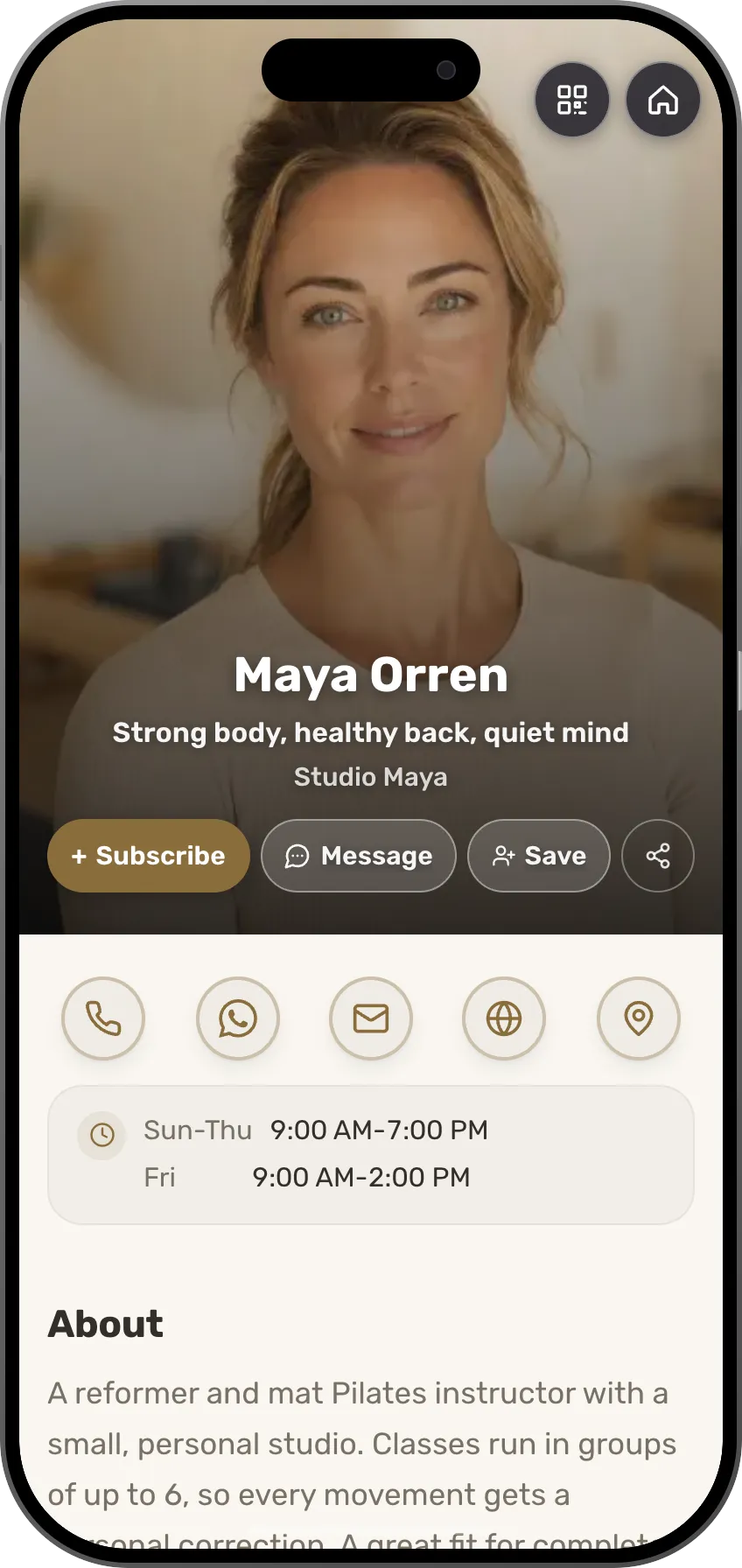 Pilates instructor digital business card template: classes, a studio gallery, a price list and trial-class signup.
