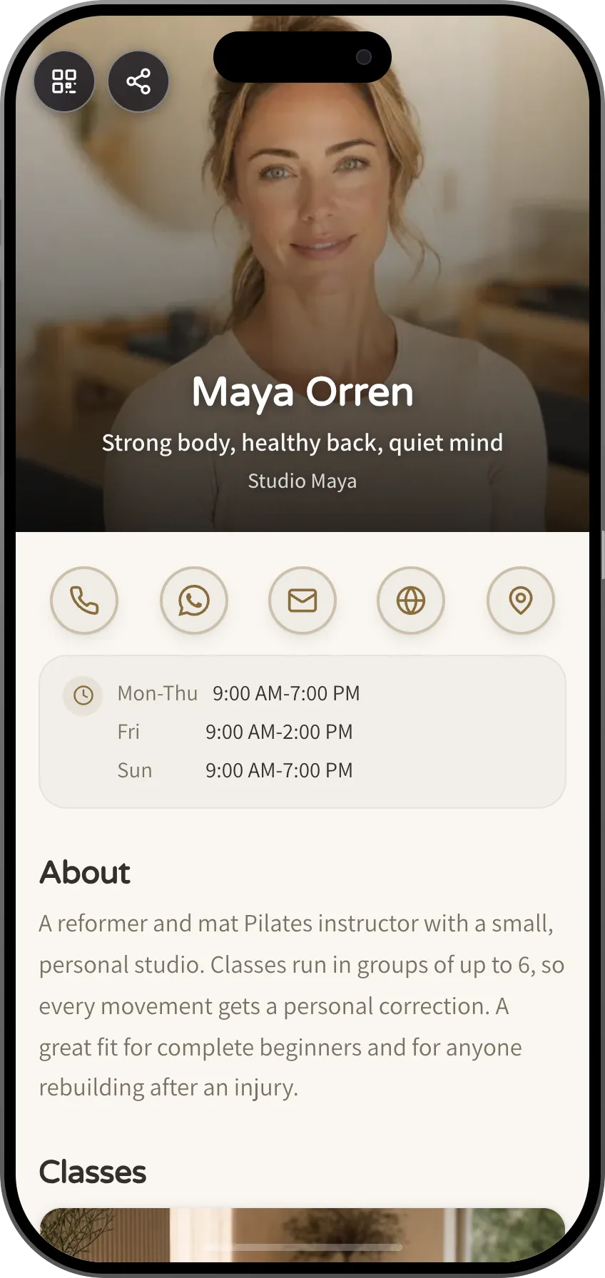 Digital business card template: Pilates instructor. For Pilates instructors: classes, a studio gallery, a price list and trial-class signup.