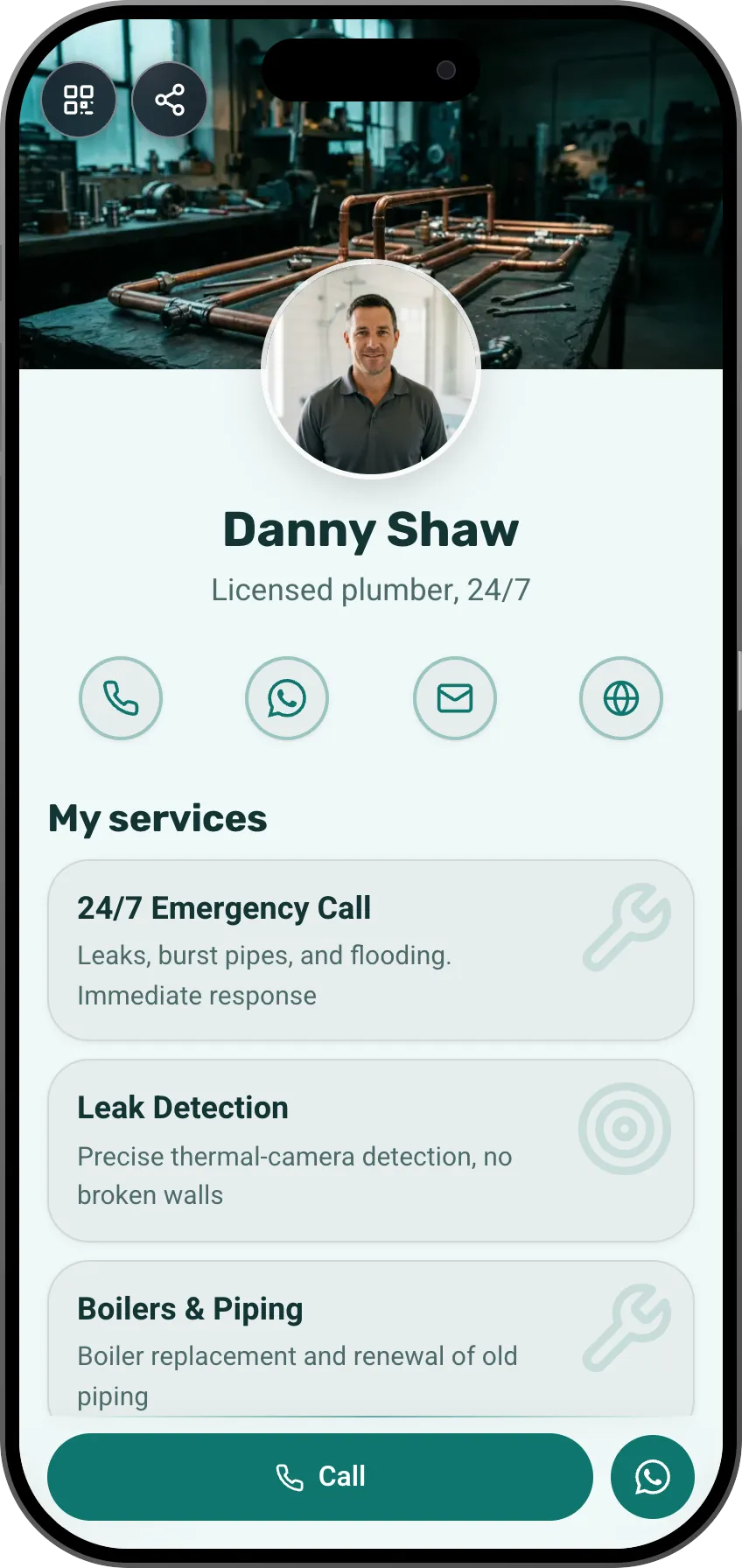 Plumber digital business card template: emergency services and a call button. A MyVisito template