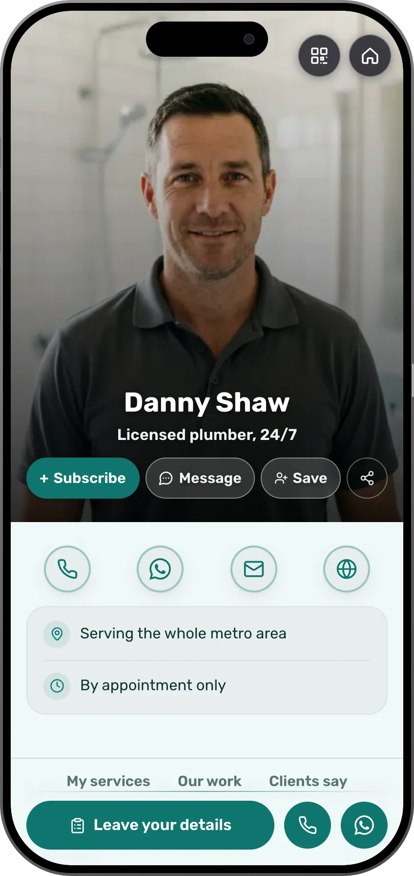 Plumber digital business card template: emergency services and a call button. A MyVisito template