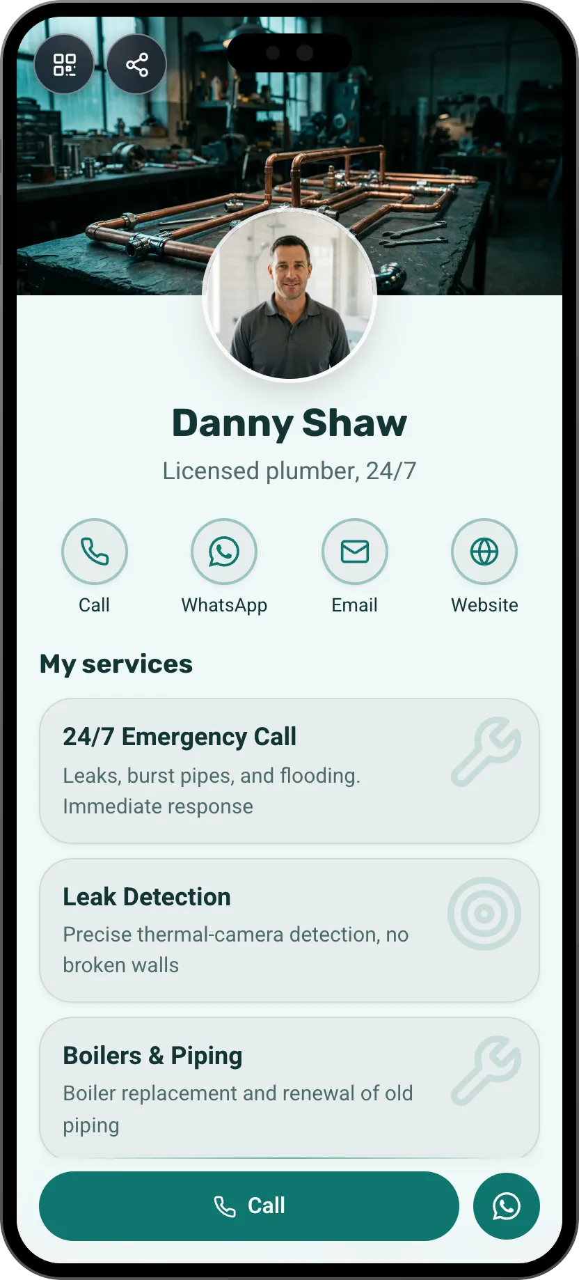 Plumber digital business card template: emergency services and a call button. A MyVisito template