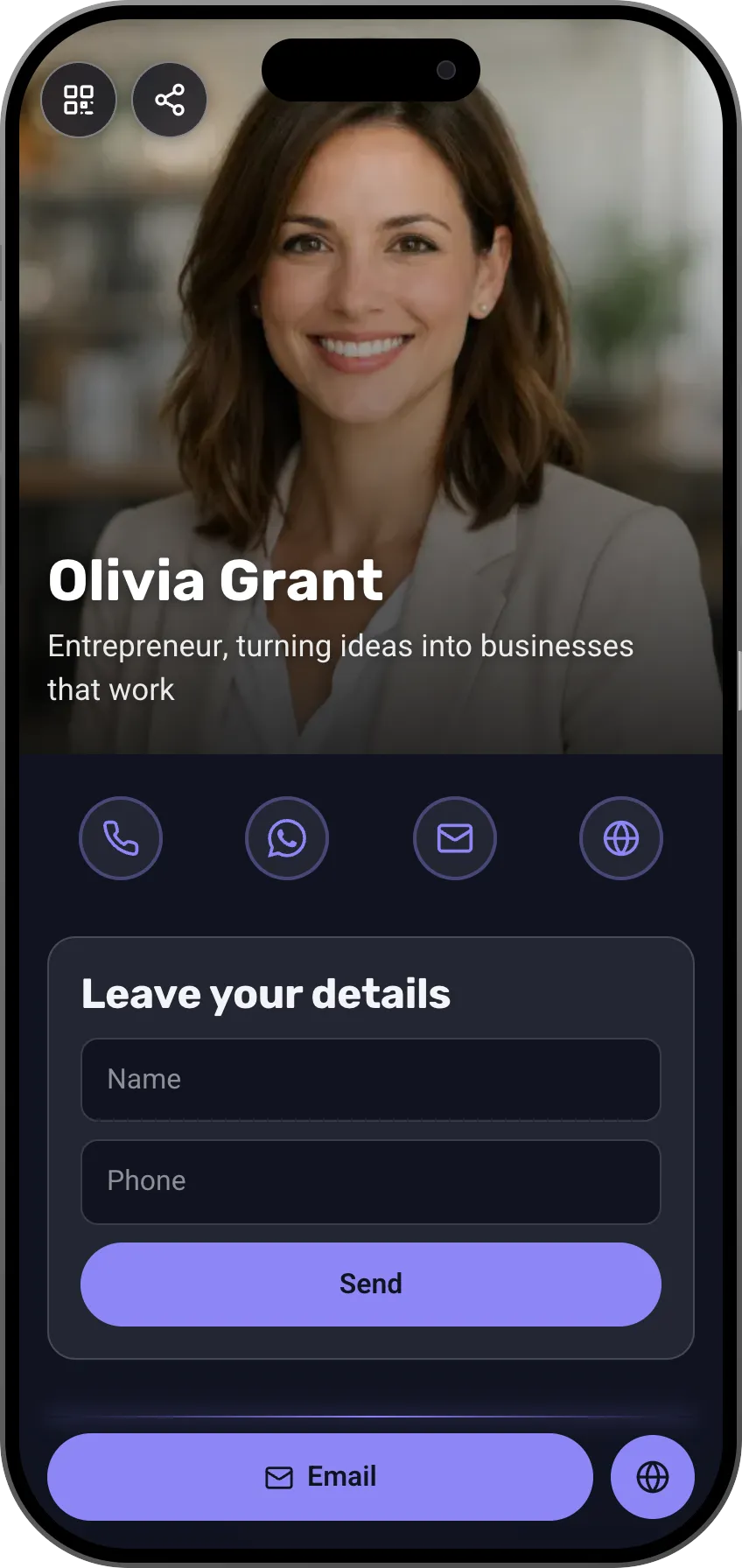 Bold portrait digital business card template for founders: full-screen photo and contact details. A MyVisito template