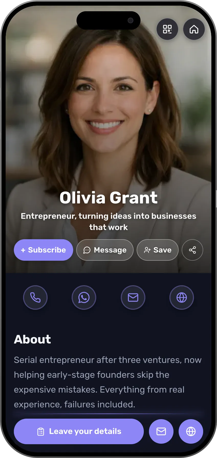 Bold portrait digital business card template for founders: full-screen photo and contact details. A MyVisito template