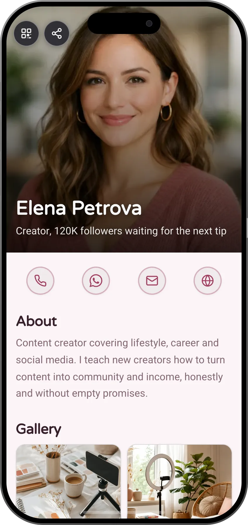 Warm portrait digital business card template for creators: full-screen photo, gallery and social links. A MyVisito template