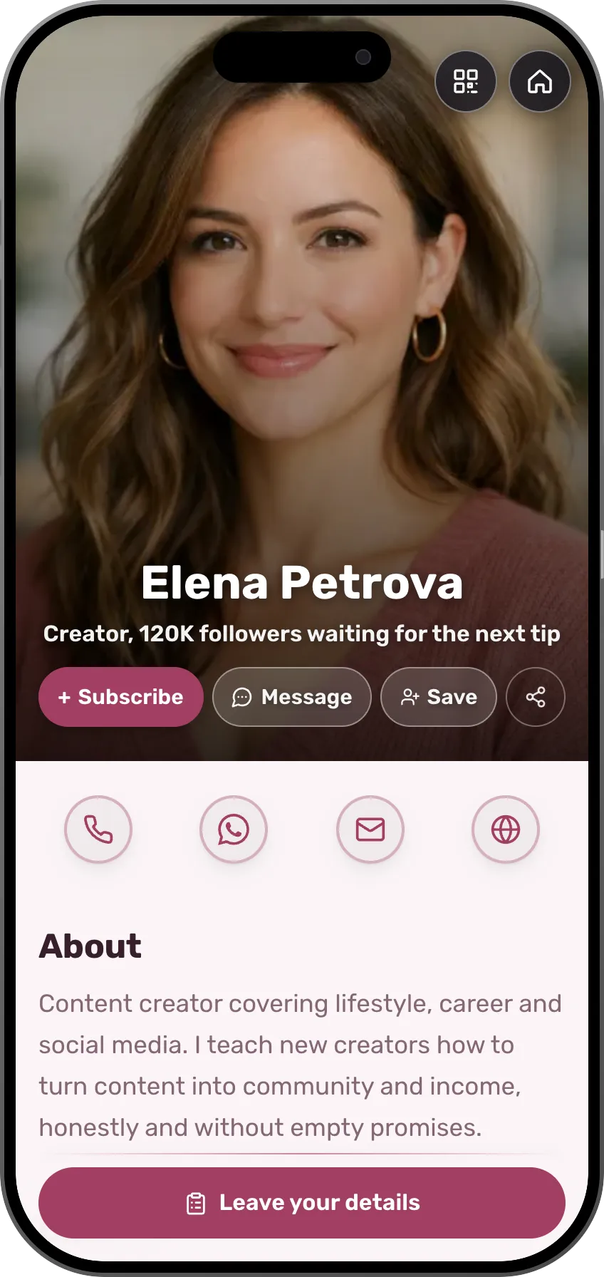 Warm portrait digital business card template for creators: full-screen photo, gallery and social links. A MyVisito template