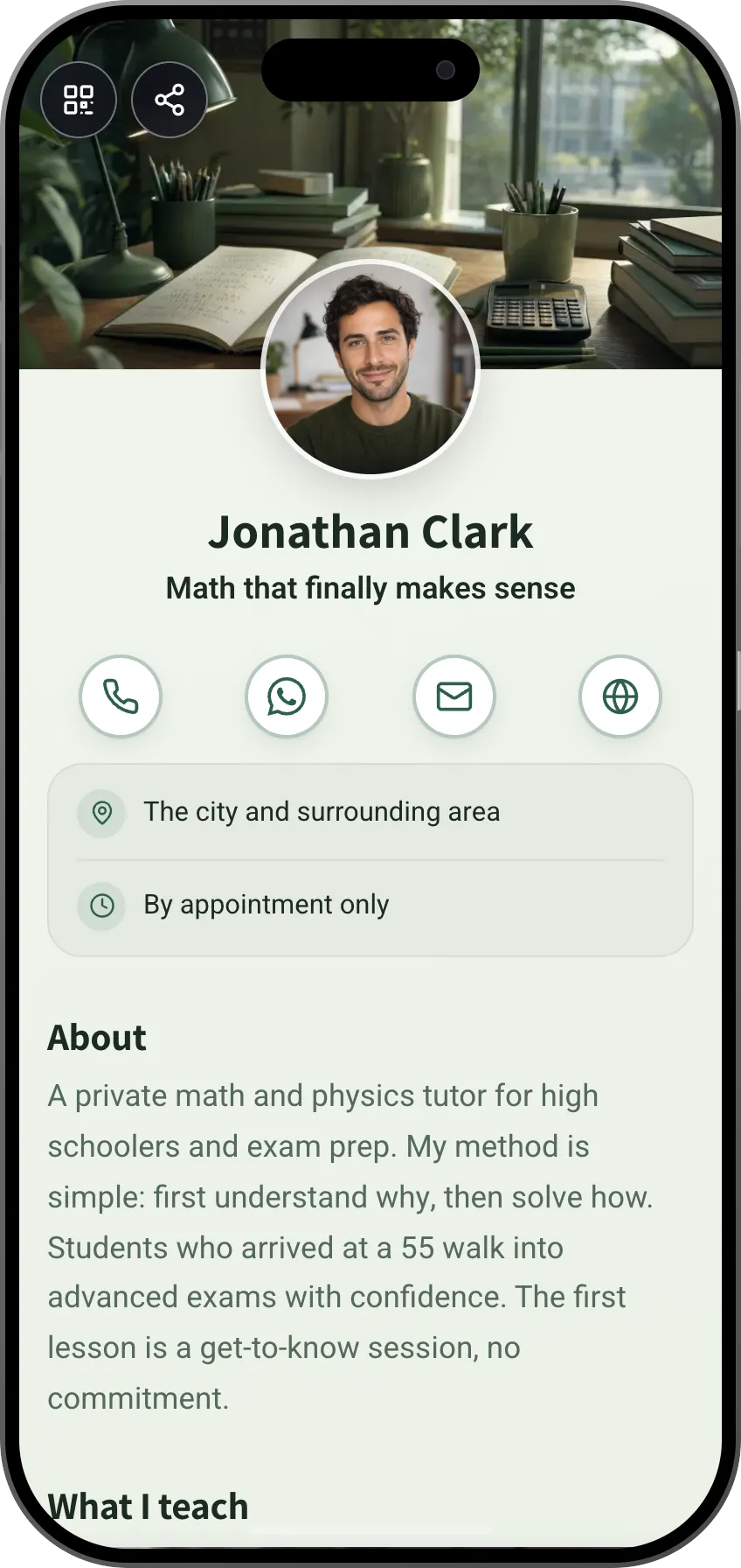 Digital business card template: Private tutor. For private tutors: subjects, a transparent price list, parent testimonials and lesson booking.