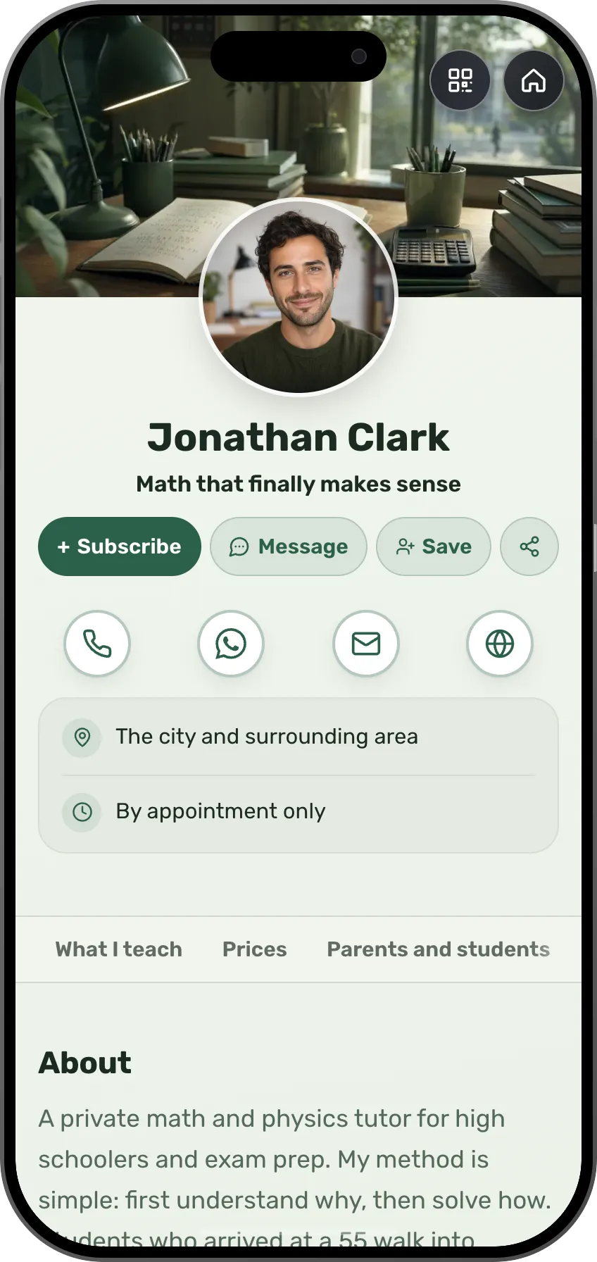 Digital business card template: Private tutor. For private tutors: subjects, a transparent price list, parent testimonials and lesson booking.