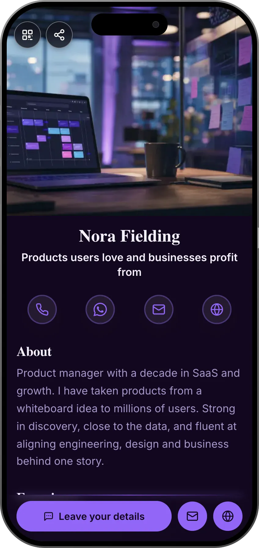Digital business card template: Product manager. For product managers: a career timeline, selected projects and peer testimonials in one sharp card.