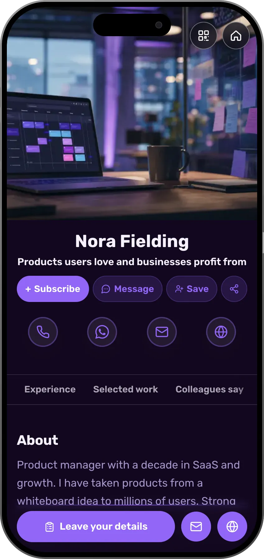 Digital business card template: Product manager. For product managers: a career timeline, selected projects and peer testimonials in one sharp card.