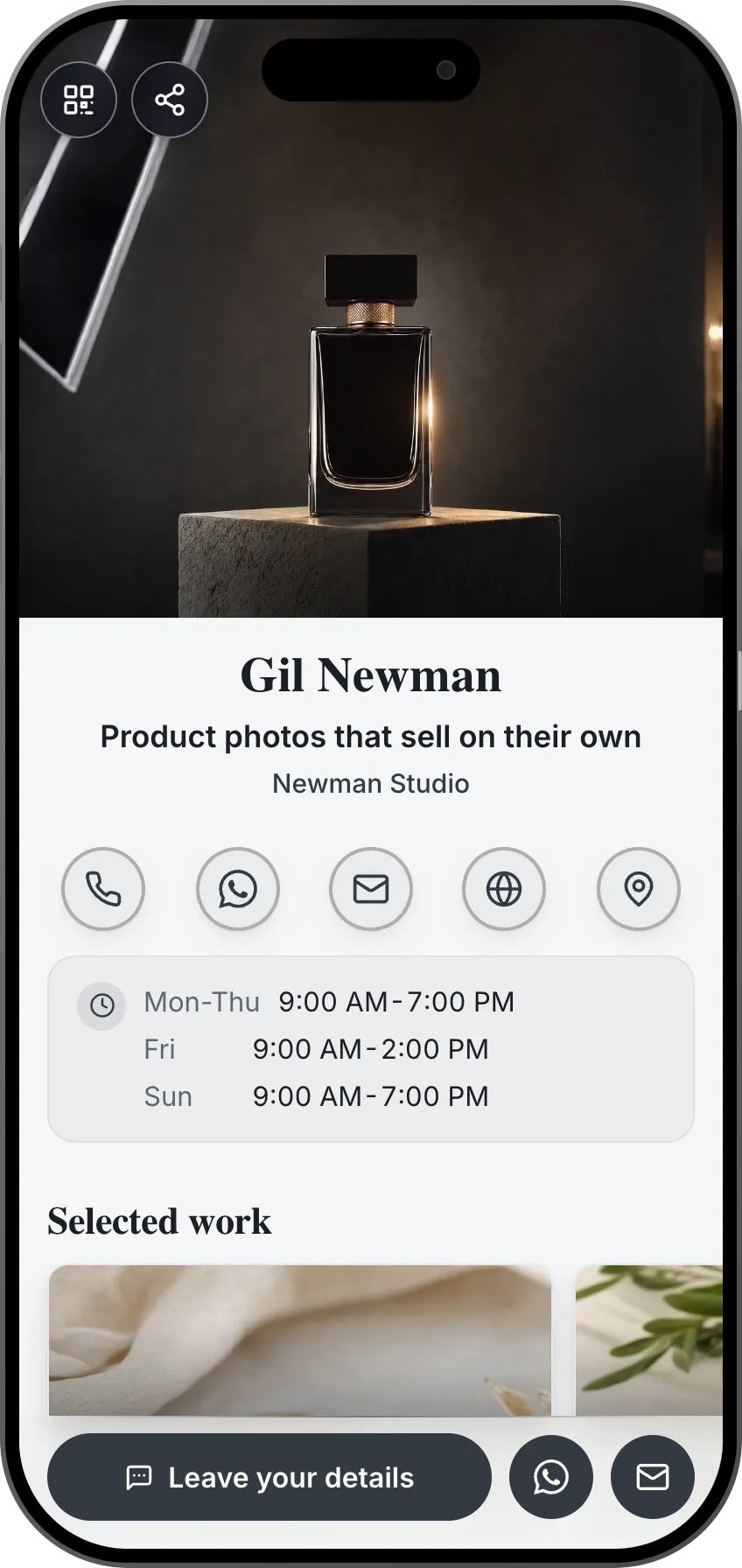 Digital business card template: Product photography. For product photographers: a portfolio, shooting packages and brand testimonials.