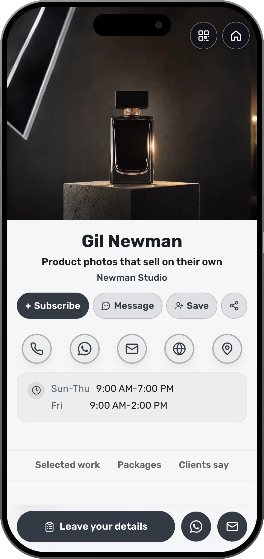 Digital business card template: Product photography. For product photographers: a portfolio, shooting packages and brand testimonials.
