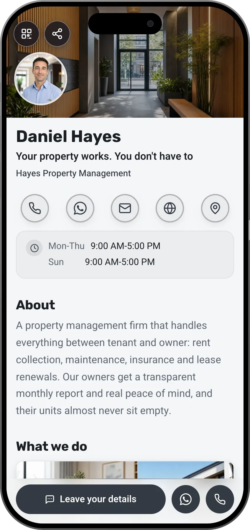 Digital business card template: Property management. For property managers: services, managed listings with visitor filters, and owner testimonials.