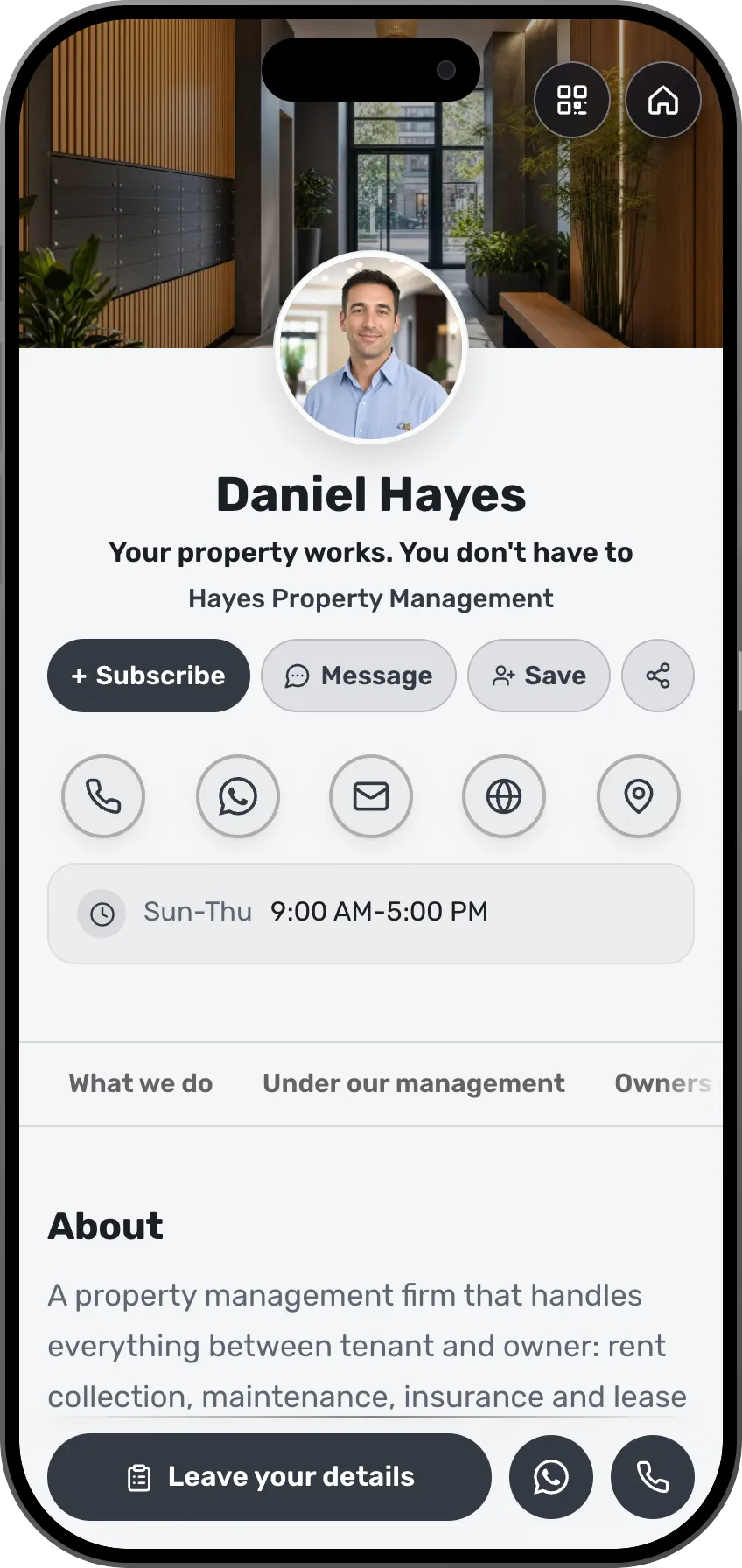 Digital business card template: Property management. For property managers: services, managed listings with visitor filters, and owner testimonials.