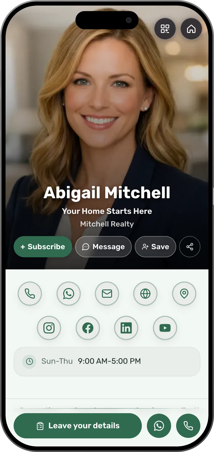 Real estate agent digital business card template: listings and contact details. A MyVisito template
