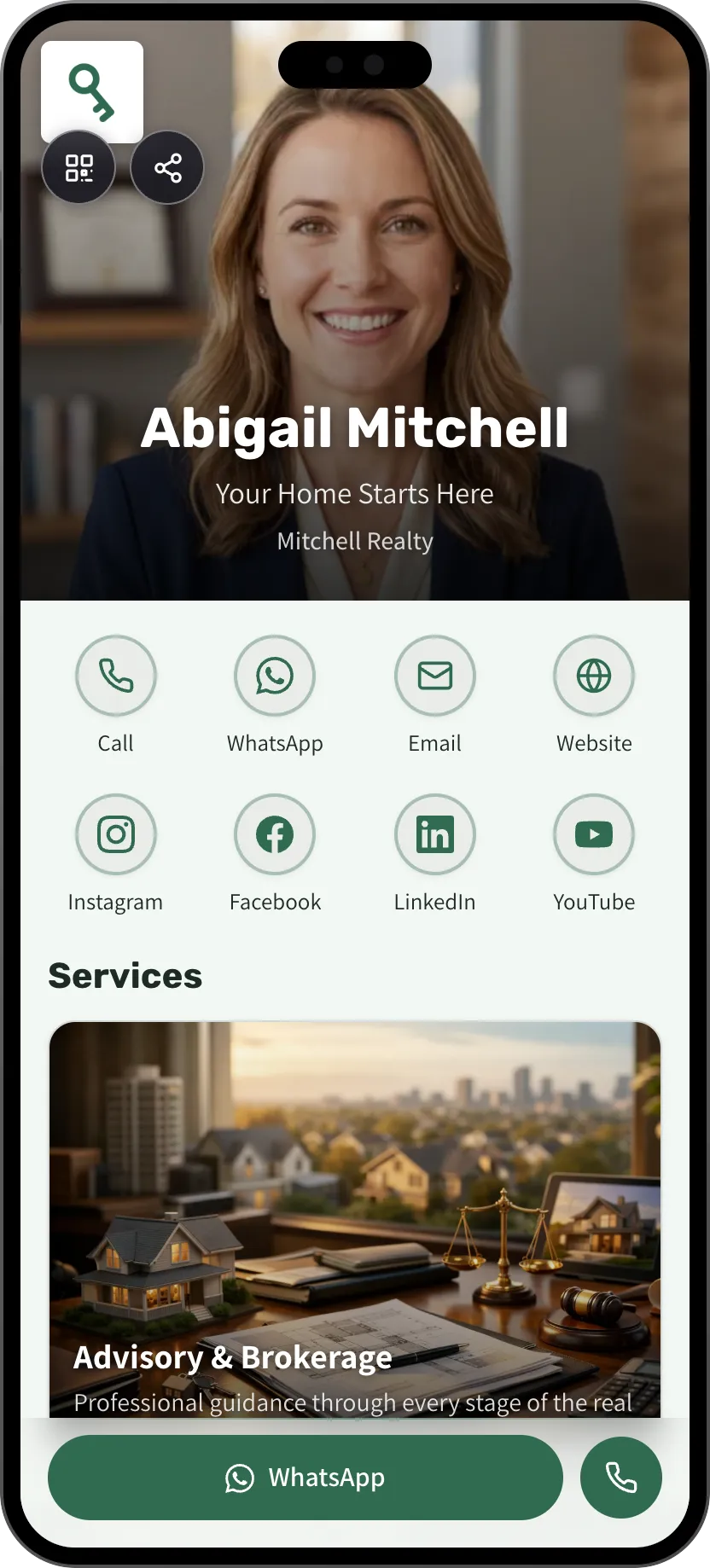 Real estate agent digital business card template: listings and contact details. A MyVisito template