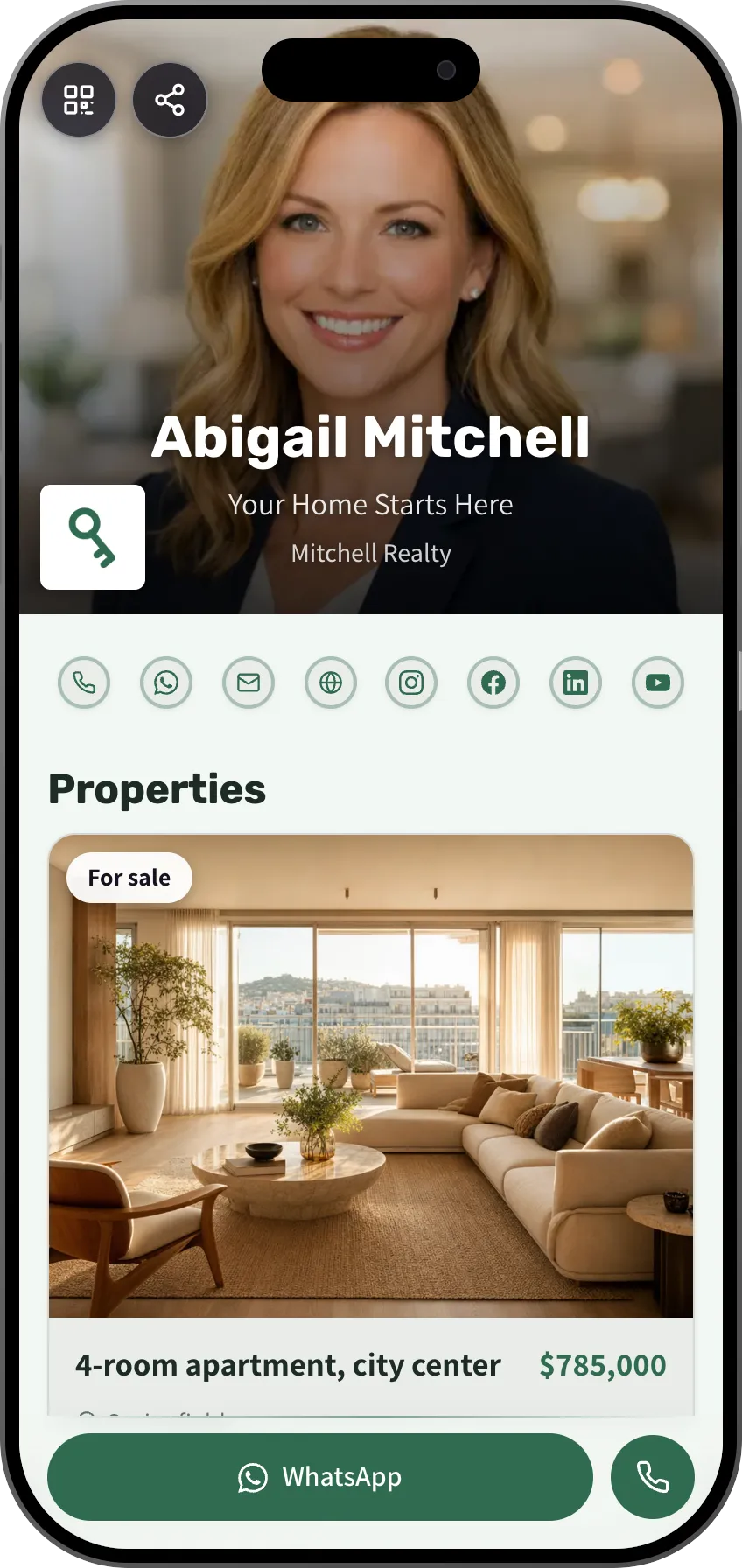 Real estate agent digital business card template: listings and contact details. A MyVisito template