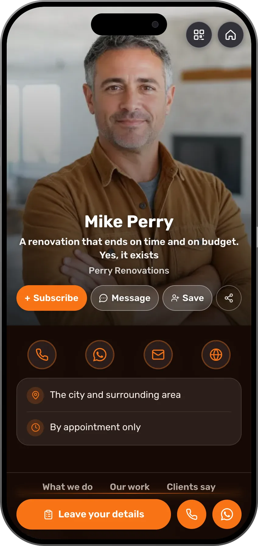 Renovation contractor digital business card template: services, a before-and-after gallery from your jobs and testimonials.