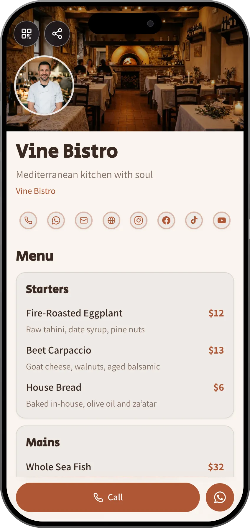 Restaurant digital business card template: digital menu, directions and table booking. A MyVisito template