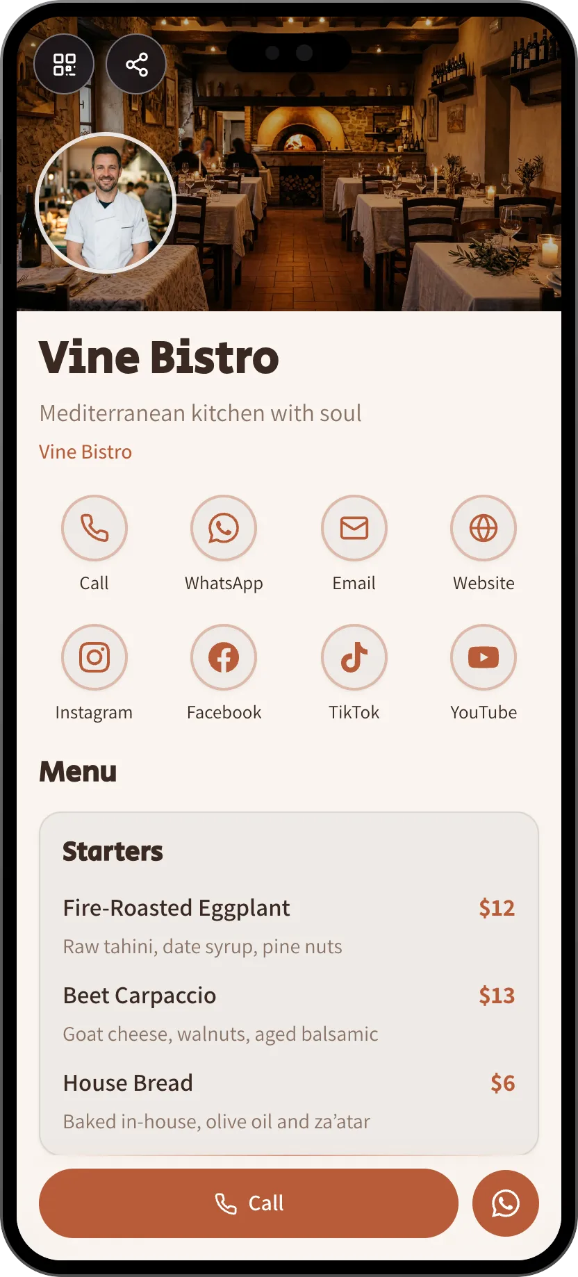Restaurant digital business card template: digital menu, directions and table booking. A MyVisito template