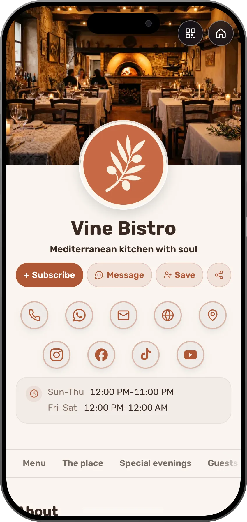 Restaurant digital business card template: digital menu, directions and table booking. A MyVisito template