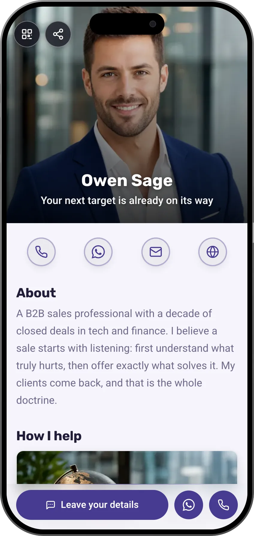 Digital business card template: Sales pro. For sales professionals: a full-bleed portrait, focus areas and testimonials that close.