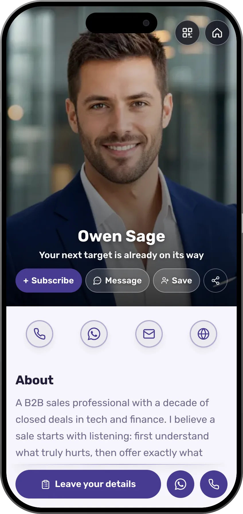Sales professional digital business card template: a full-bleed portrait, focus areas and testimonials.