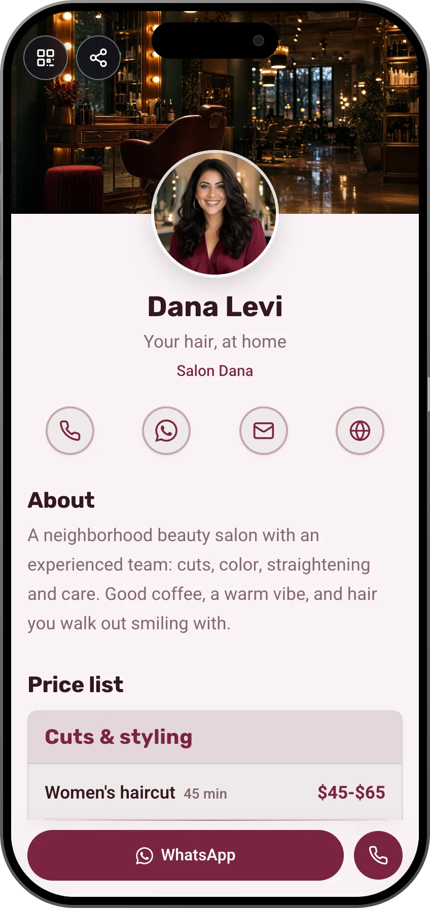 Beauty salon digital business card template: price list, reviews and appointment booking. A MyVisito template