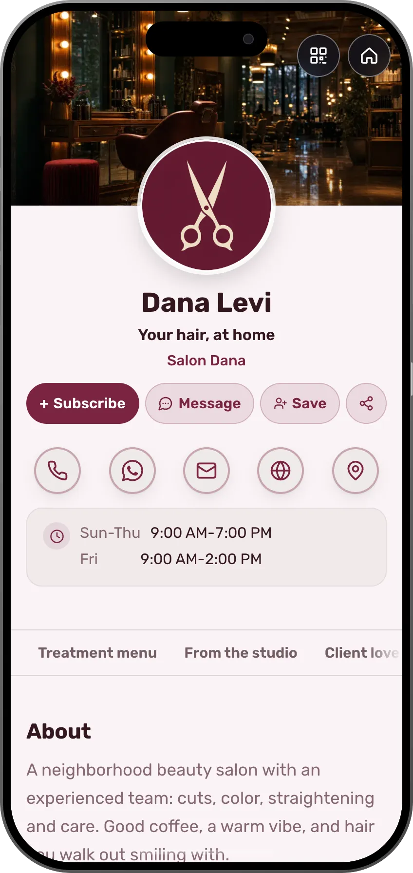 Beauty salon digital business card template: price list, reviews and appointment booking. A MyVisito template