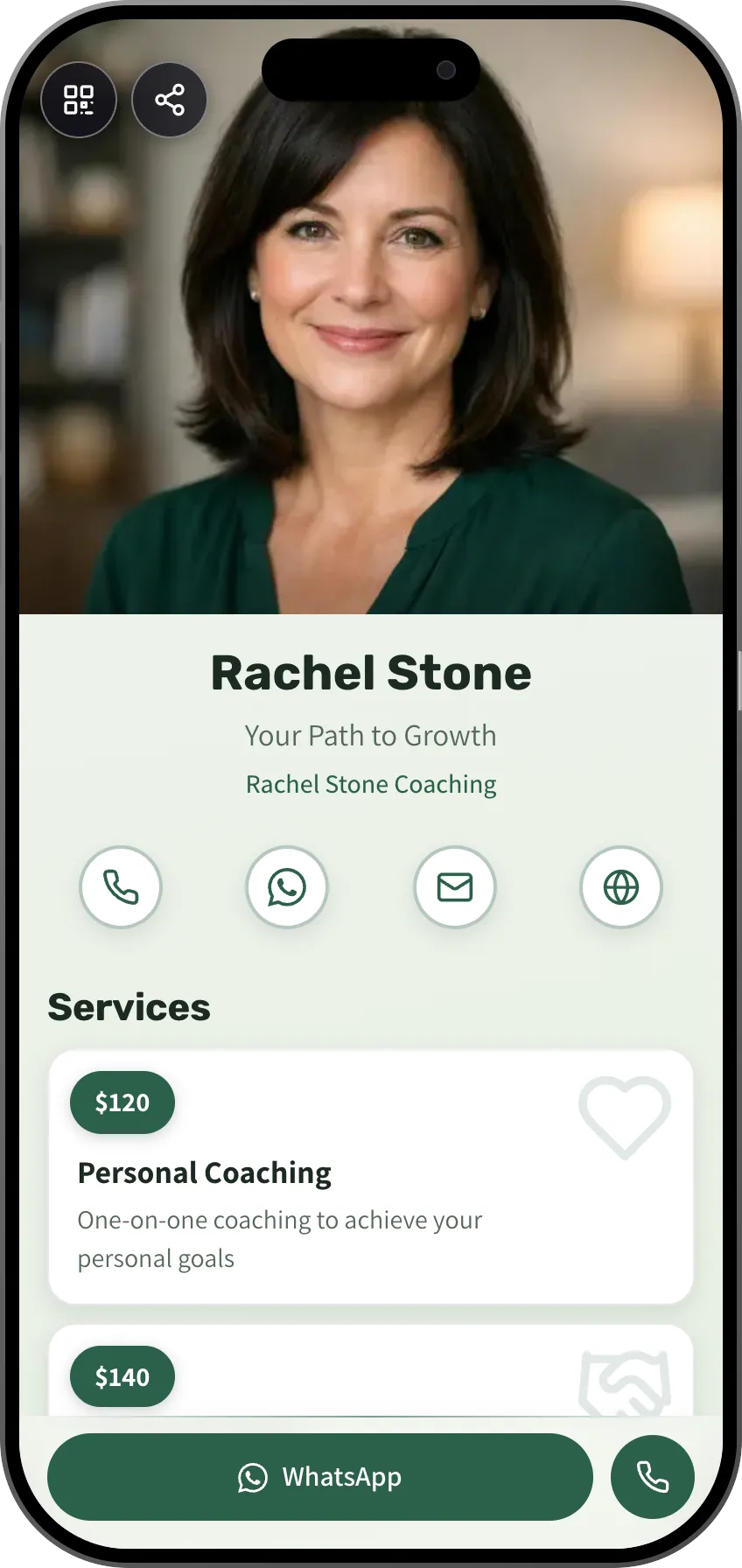 Services-first digital business card template. A MyVisito template