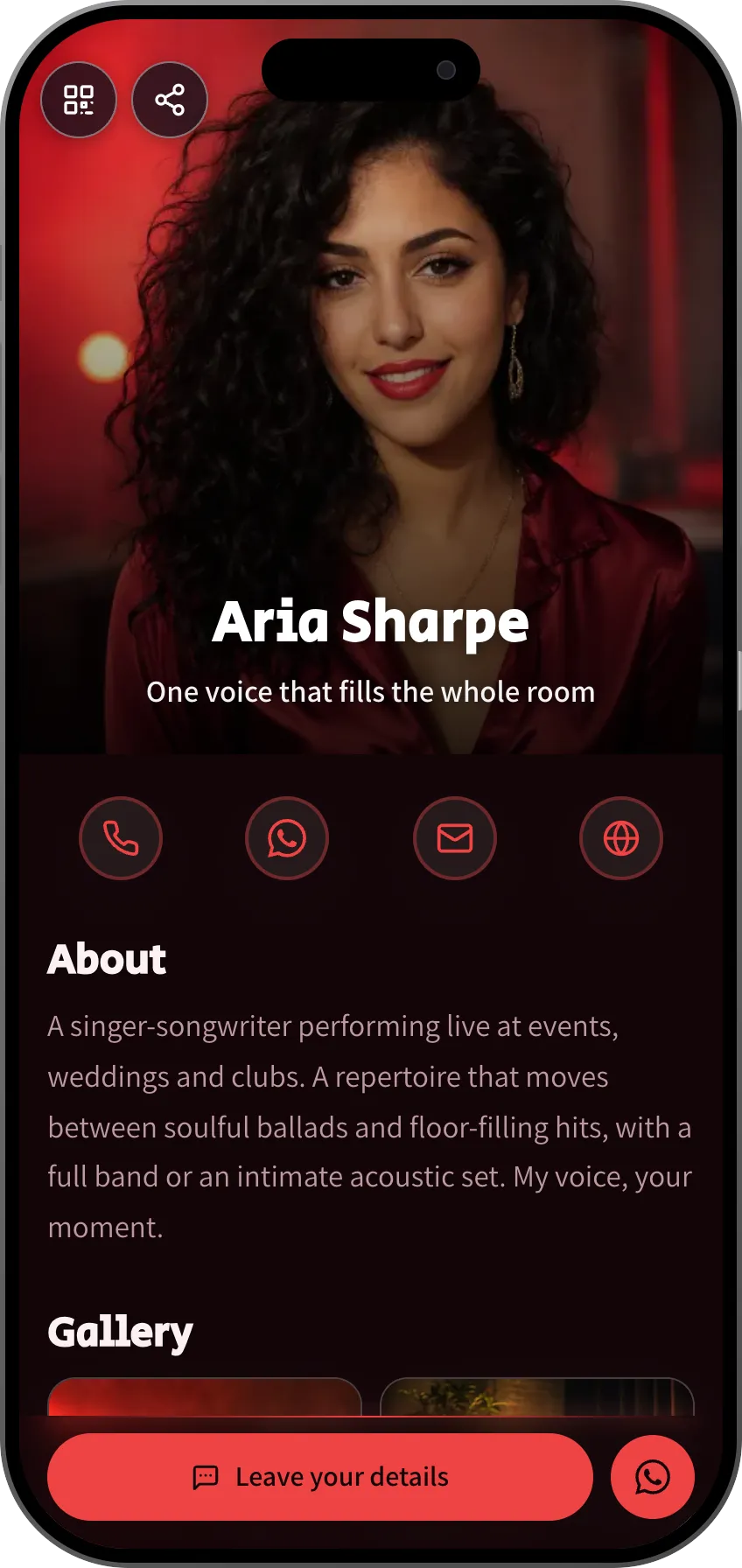 Digital business card template: Singer. For singers and songwriters: a music player, stage gallery and a booking inquiry form.