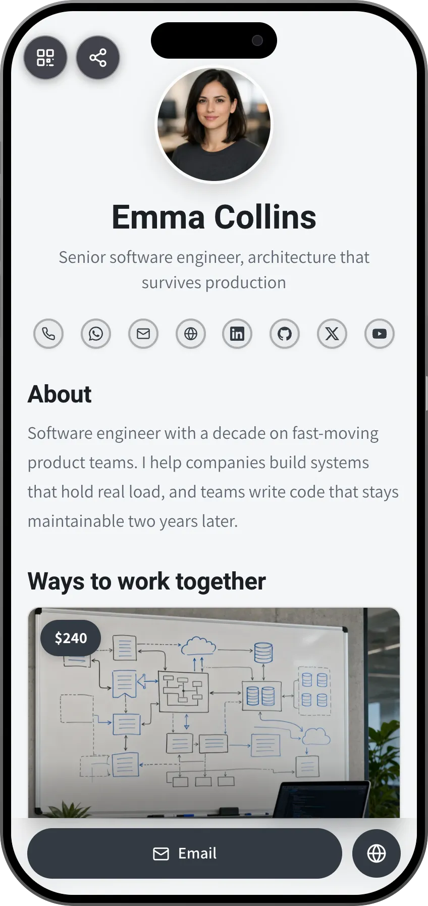 Software engineer digital business card template: experience and GitHub links. A MyVisito template