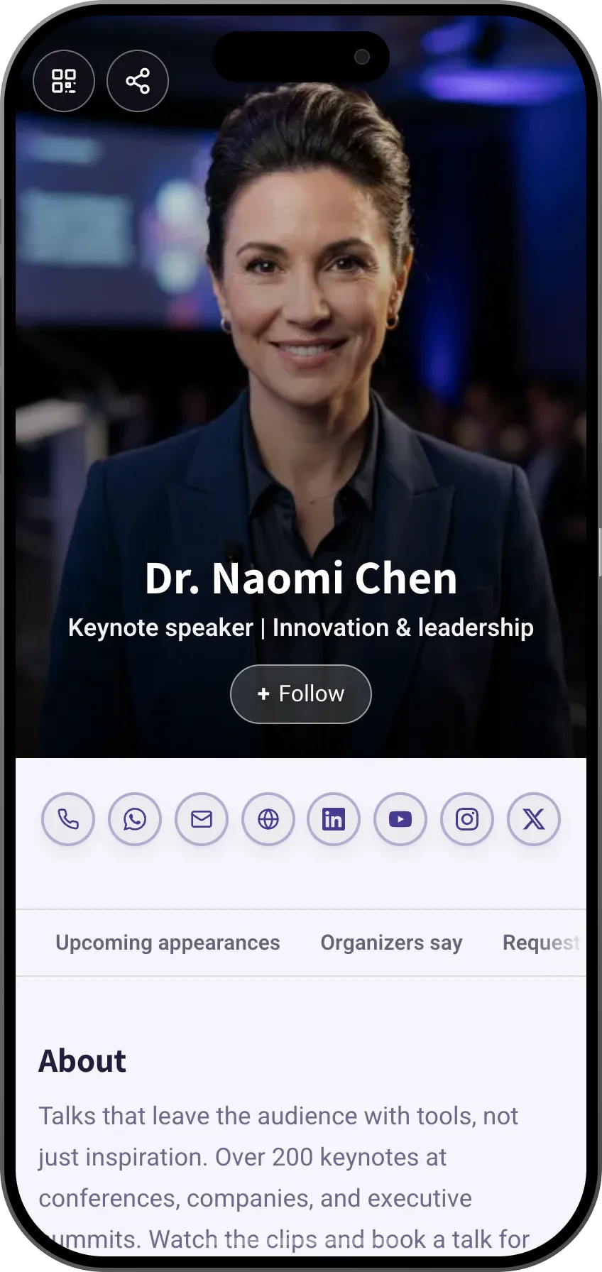 Keynote speaker digital business card template: upcoming talks, video and booking. A MyVisito template