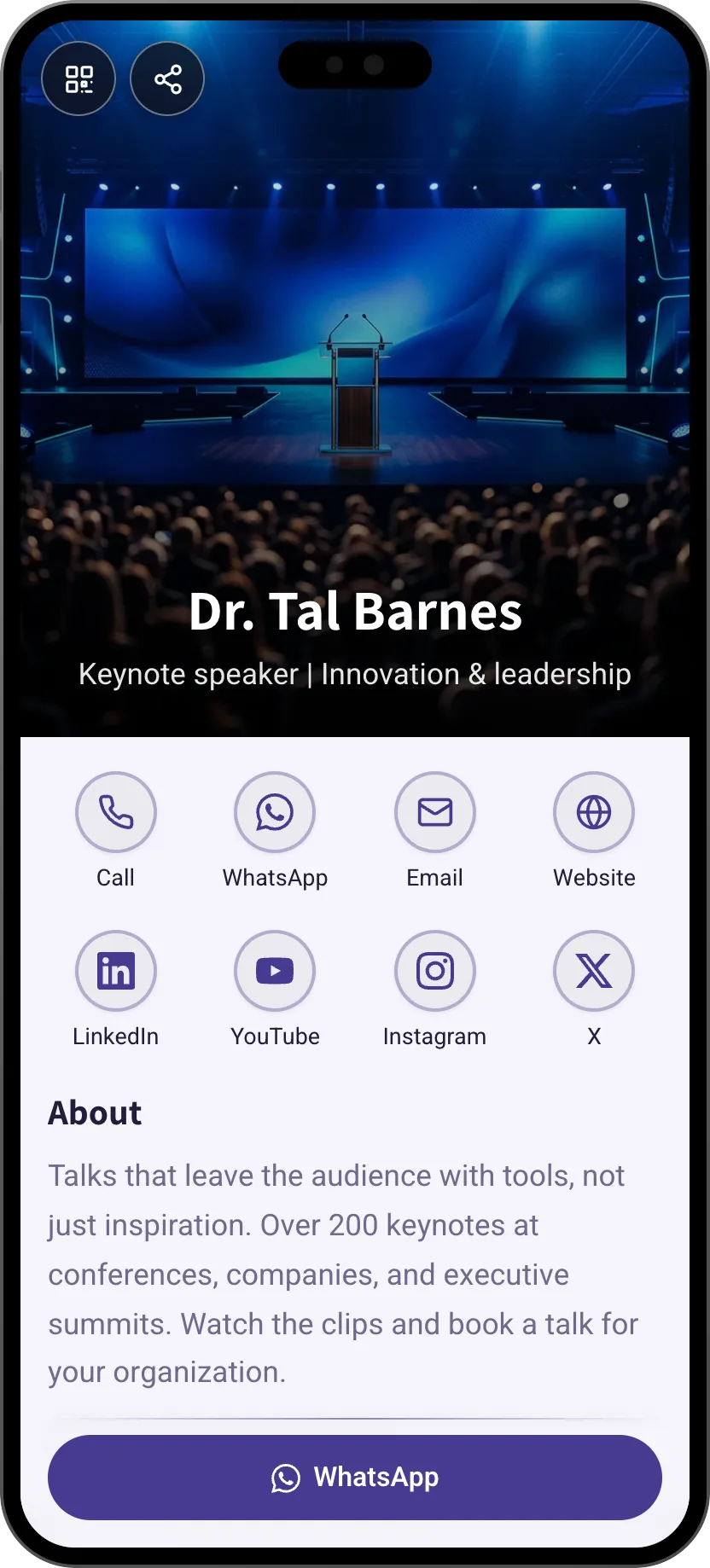 Keynote speaker digital business card template: upcoming talks, video and booking. A MyVisito template