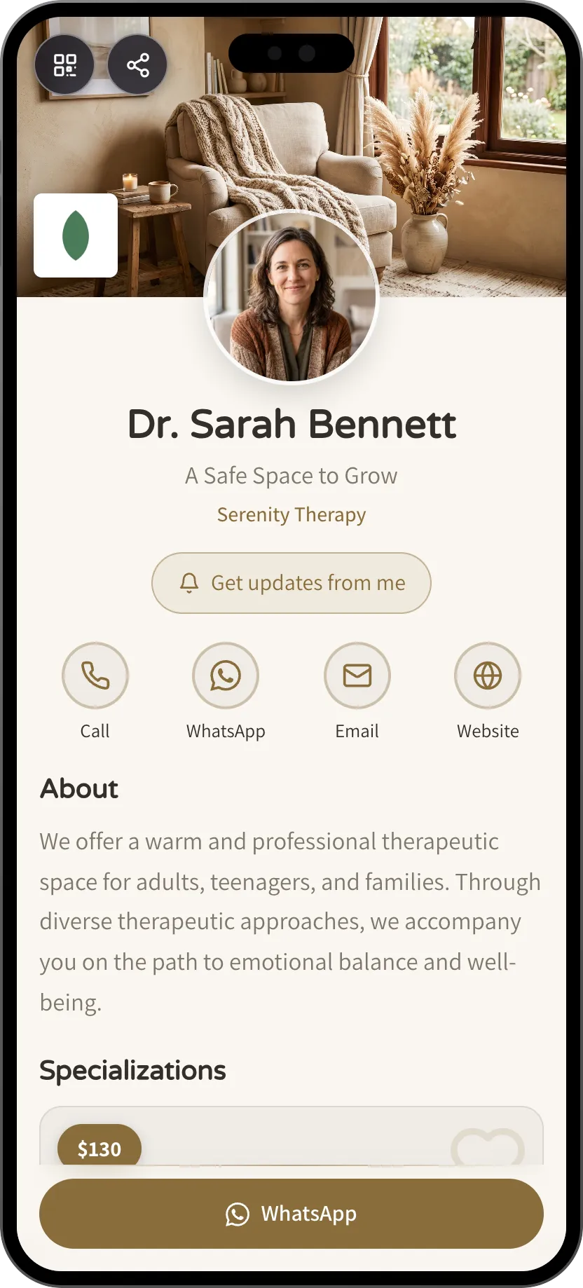 Therapist digital business card template: services and session booking. A MyVisito template