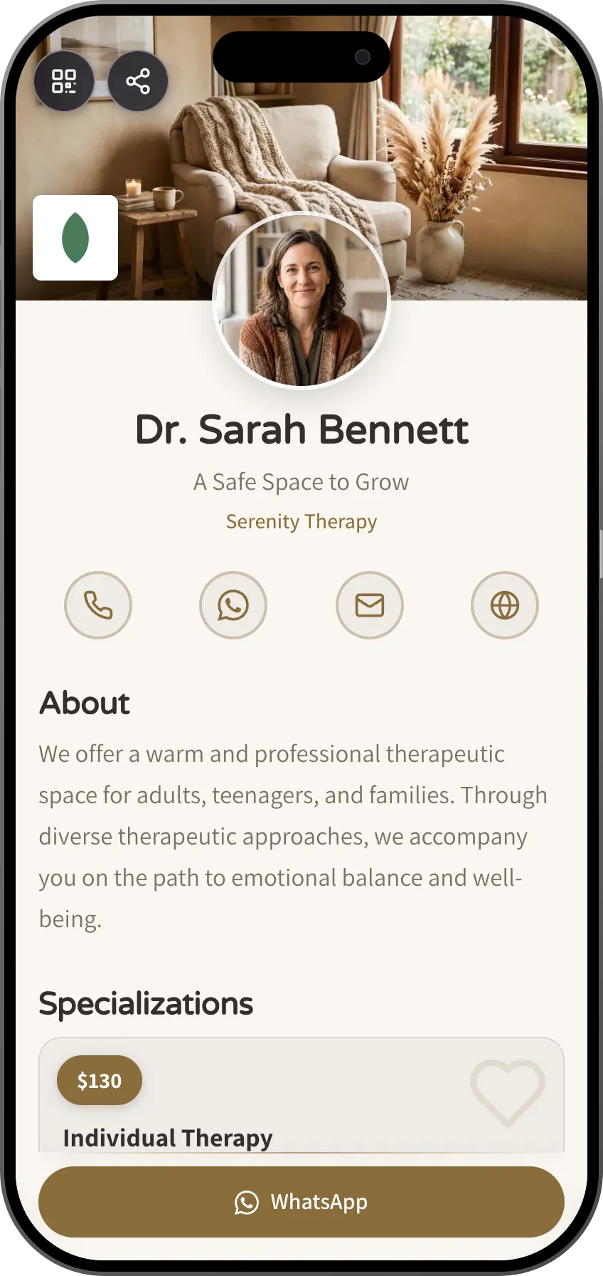 Therapist digital business card template: services and session booking. A MyVisito template