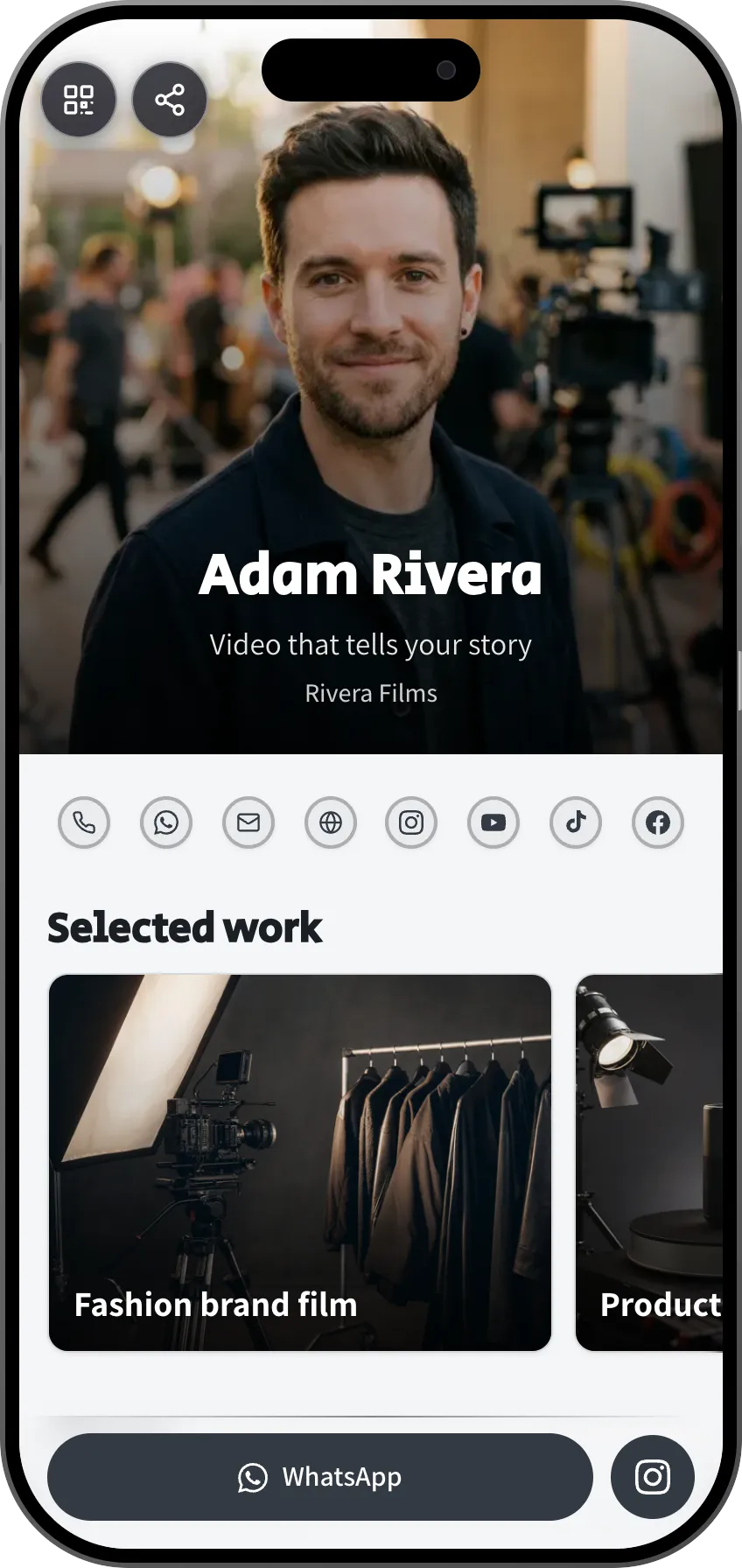 Videographer digital business card template: selected work, video and testimonials. A MyVisito template