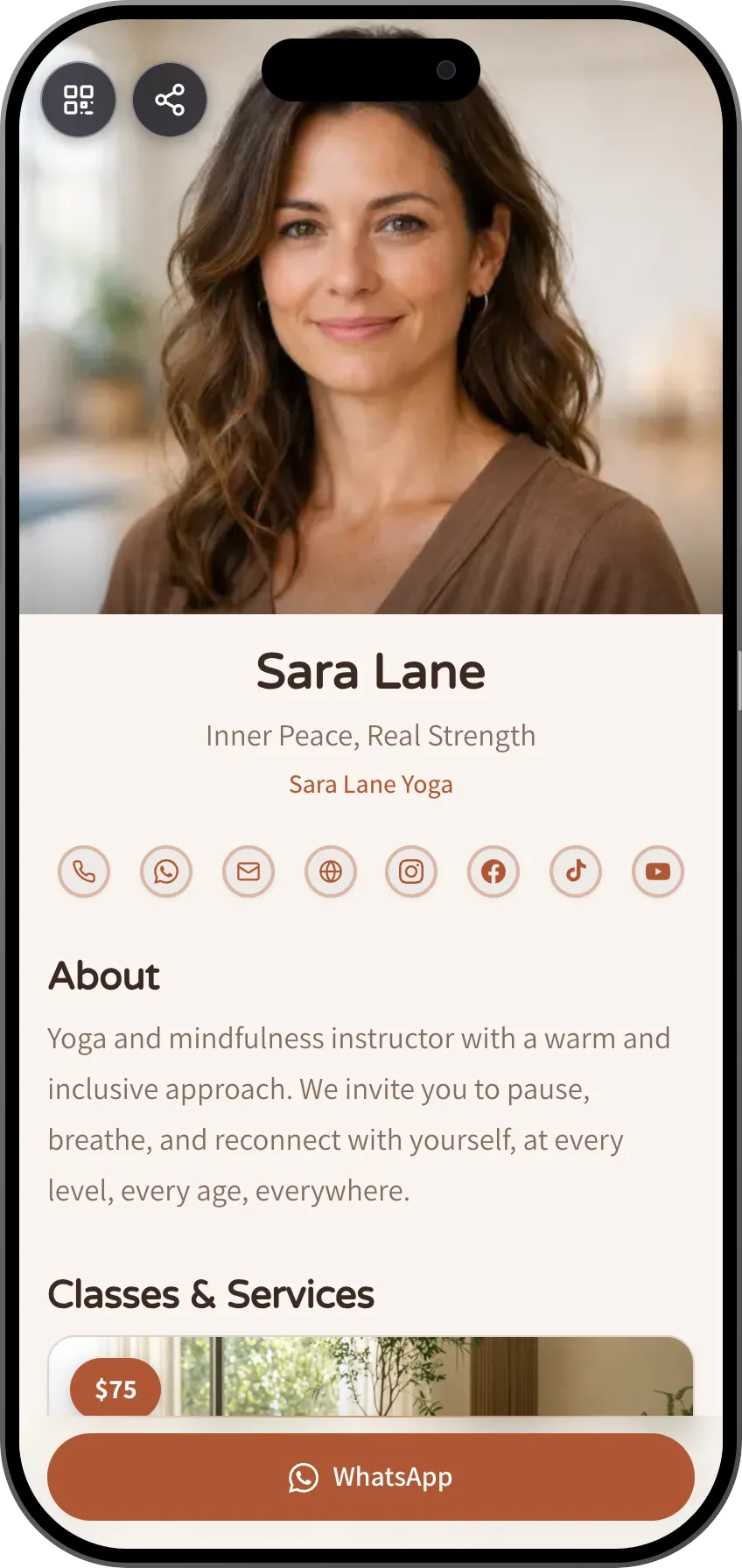 Warm digital business card template for yoga and wellness studios. A MyVisito template