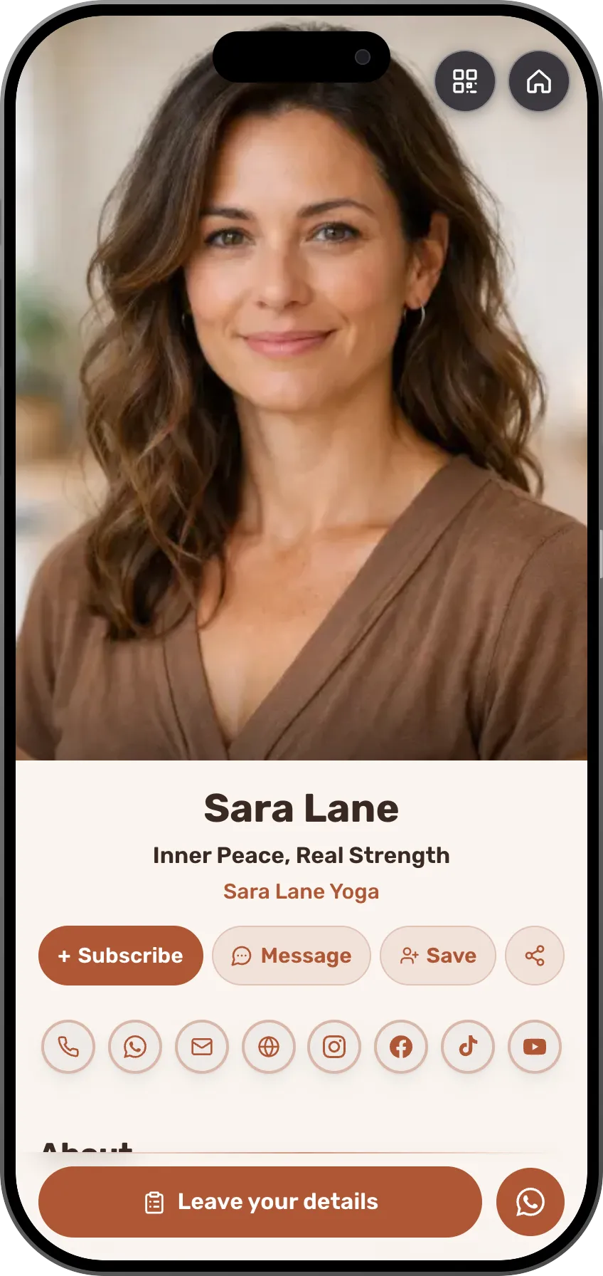Warm digital business card template for yoga and wellness studios. A MyVisito template