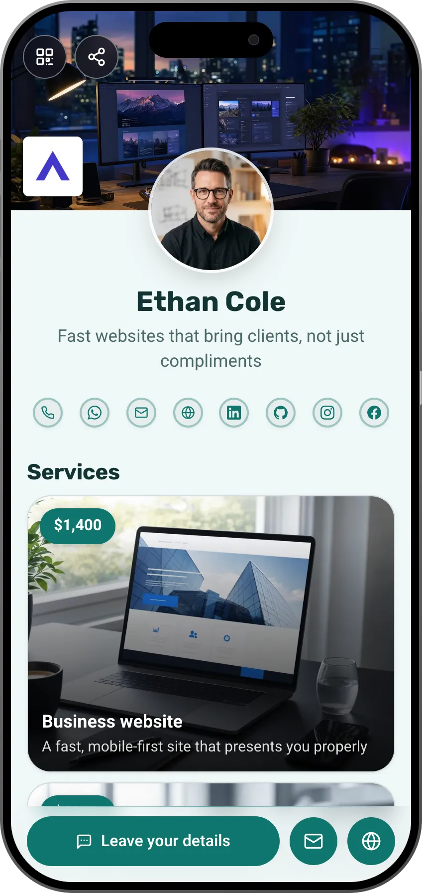 Web developer digital business card template: services and project portfolio. A MyVisito template