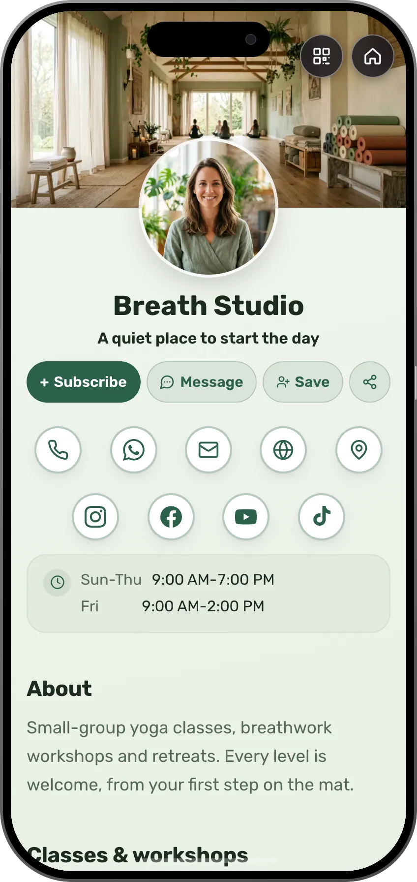 Yoga studio digital business card template: classes, workshops and booking. A MyVisito template
