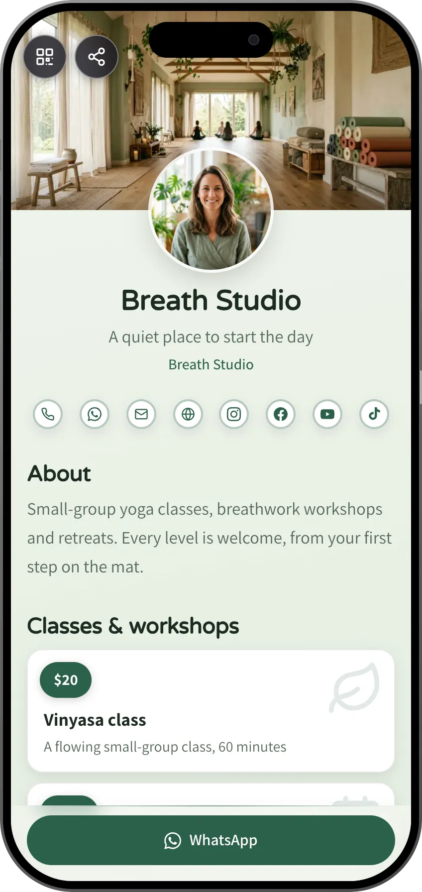 Yoga studio digital business card template: classes, workshops and booking. A MyVisito template